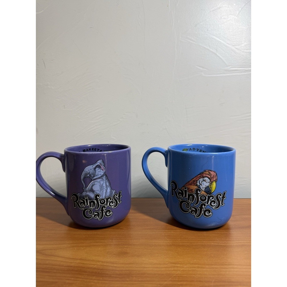VTG 1999 Rainforest Cafe Coffee Mugs 16oz Purple Blue Elephant Birds